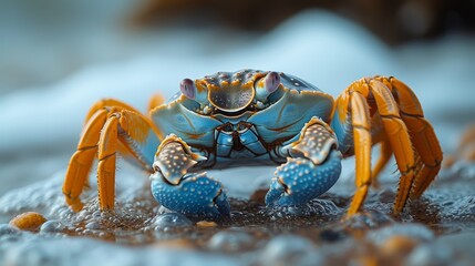   A tight shot of a blue-yellow crab perched on a rock against a background of tranquil water