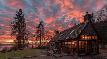 Cosy cottage with lake view at sunset