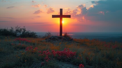   A cross atop a hill as the sun sets, flowers blooming in the foreground