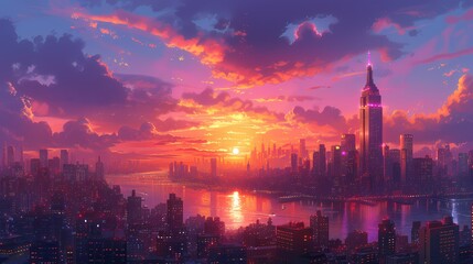 **: A cityscape at sunset, with tall skyscrapers and glowing windows, creating a dynamic backdrop for a comic scene.