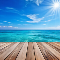 Fototapeta premium Coastal Tranquility: Wood Tabletop by the Sea