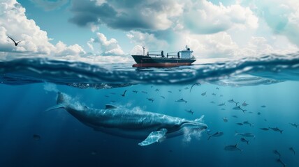 Ship noise pollution affects aquatic animals in the sea.world ocean day world environment day Virtual image. - obrazy, fototapety, plakaty