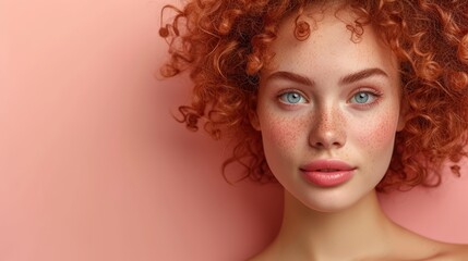   A close-up of a woman with freckles dotting her face against a pink background