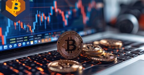 Financial industry office desktop with many cryptocurrencies stacked to reflect wealth