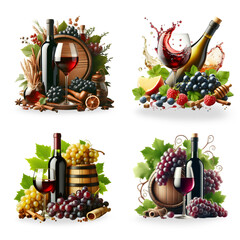 Collection of Red wine bottle and grapes with friuts - obrazy, fototapety, plakaty