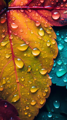 Abstract macro closeup of fresh raindrops on autumn leaves
