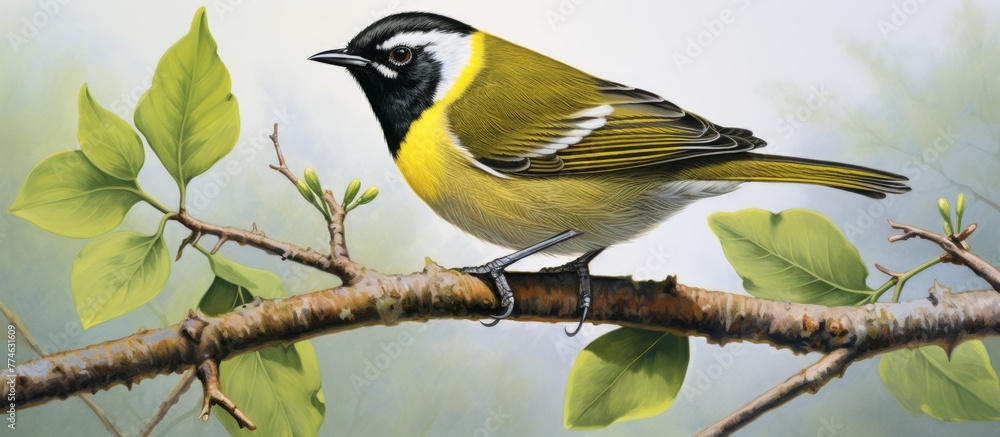 Poster a colorful bird with vibrant feathers is resting on a tree branch surrounded by green leaves in a se