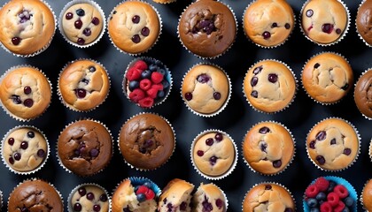Obraz premium View from above of a variety of different tastes muffins, vhocolate, chips, cocoa, vanilla, nuts, isced sugar, cream ones, aerial view
