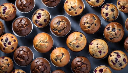 Obraz premium View from above of a variety of different tastes muffins, vhocolate, chips, cocoa, vanilla, nuts, isced sugar, cream ones, aerial view
