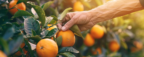 Farmer taking care of oranges in a beautiful sunny day - obrazy, fototapety, plakaty
