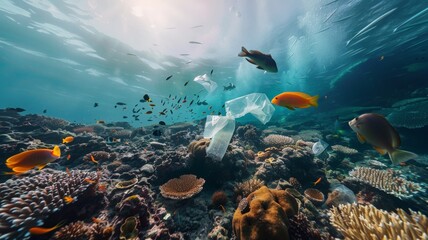 The problem of garbage in the ocean Plastic bags near corals and underwater animals world ocean day world environment day Virtual image