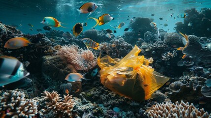 Fototapeta na wymiar The problem of garbage in the ocean Plastic bags near corals and underwater animals world ocean day world environment day Virtual image