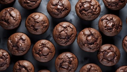 Multitude of cocoa muffins with chocolate chips, view from above