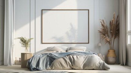 A chic bedroom with a large frame and pampas grass arrangement in natural light.