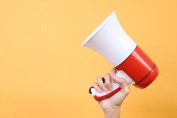 Hand Holds Megaphone Isolated on Yellow Background