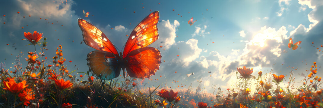 Pair of giant colorful butterflies perched,
Butterflies fly over field colorful flowers on a sunny day