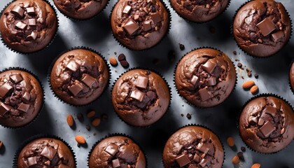 Multitude of cocoa muffins with chocolate chips, view from above