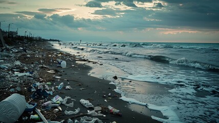 Garbage problem on the ocean coast. world ocean day world environment day Virtual image