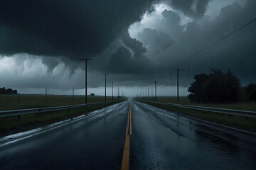A road with stormy clouds in the horizon - obrazy, fototapety, plakaty