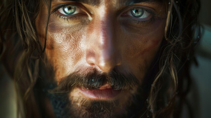 Intimate Portrait of Jesus of Nazareth with Soulful Eyes and Crown of Thorns