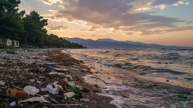 Garbage problem on the ocean coast. world ocean day world environment day Virtual image