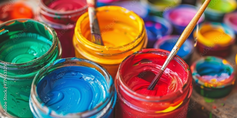 Poster a close-up view of colorful paint in a palette with a brush dipped in it
