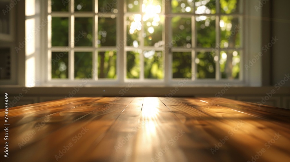 Poster a wooden table is positioned in front of a window in the background
