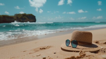 A hat and sunglasses lie on the sandy beach, creating a casual and laid-back scene