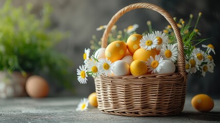   A table holds a basket filled with eggs, accompanied by a bouquet of daisies and oranges
