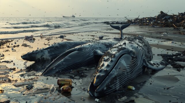 The beach next to the sea has dead whales stranded and garbage. world ocean day world environment day Virtual image