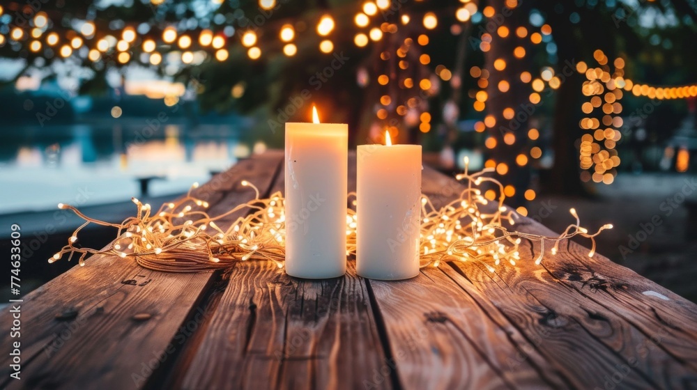 Poster a pair of white candles placed neatly on a wooden table, creating a simple yet elegant display