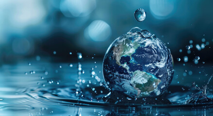 A globe made of water, floating in the air with Earth inside it. The background is dark blue and the surface below has some ripples. A small splash of water surrounds part or all of earth.