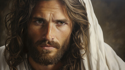 Intimate Portrait of Jesus of Nazareth with Soulful Eyes and Crown of Thorns
