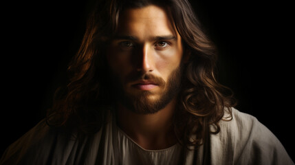 Intimate Portrait of Jesus of Nazareth with Soulful Eyes and Crown of Thorns
