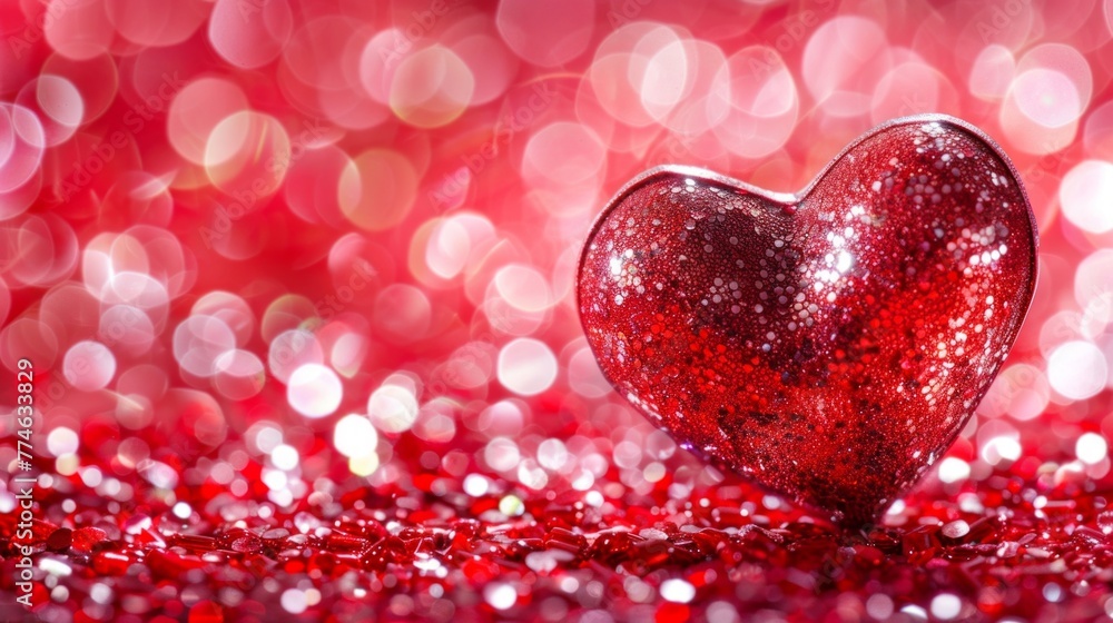 Poster a red heart-shaped object is placed on top of a table, with a blurred bokeh background