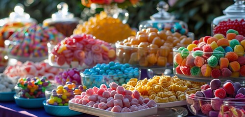 A colorful candy bar buffet offers a tempting array of sweets and treats for indulgence. - obrazy, fototapety, plakaty