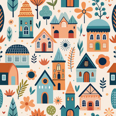Seamless pattern cityscape with houses