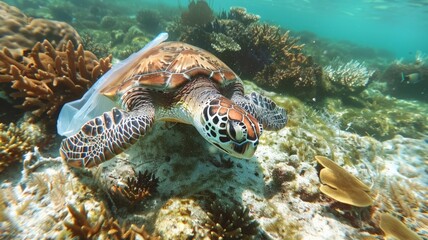 Fototapeta premium Turtle carries a plastic bag near coral and underwater animals. world ocean day world environment day Virtual image