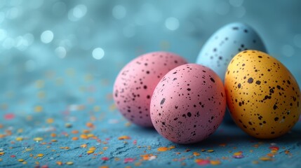   Three speckled eggs aligned on a blue surface, adorned with confetti sprinkles
