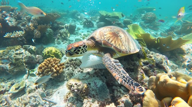 Turtle carries a plastic bag near coral and underwater animals. world ocean day world environment day Virtual image
