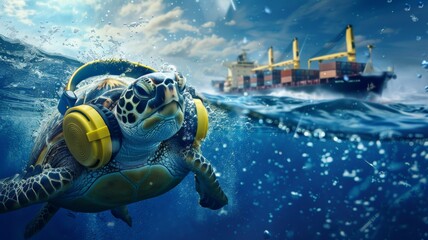 Turtle wearing yellow safety headphones underwater On the water is a cargo ship. --ar 16:9 Job ID: 0f824f1c-c777-4d40-8164-79c9933ba69a