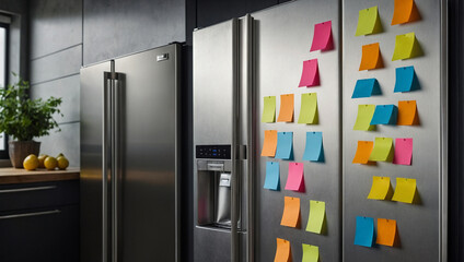 Modern refrigerator in the kitchen with colorful blank leaves on the door. generative AI
