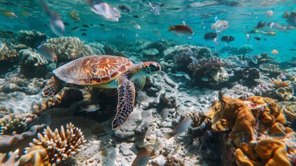 Fototapeta premium Turtle carries a plastic bag near coral and underwater animals. world ocean day world environment day Virtual image