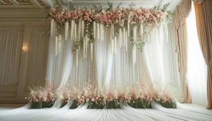 Floral Wedding Backdrop with Sheer Drapery