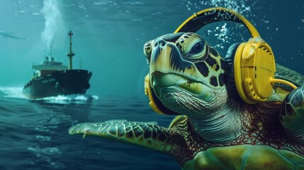 Turtle wearing yellow safety headphones underwater On the water is a cargo ship. --ar 16:9 Job ID: 0f824f1c-c777-4d40-8164-79c9933ba69a