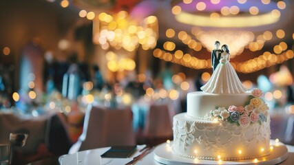 Romantic Wedding Cake Topper with Bokeh Background - obrazy, fototapety, plakaty