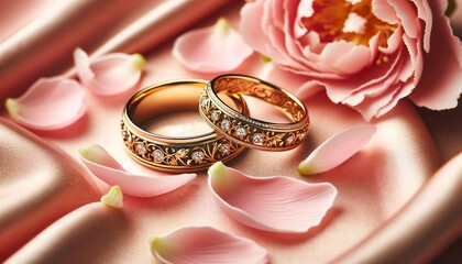 Wedding Rings and Pink Flowers on Wooden Texture