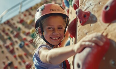 A Child girl sports exercises climbing on climbing wall