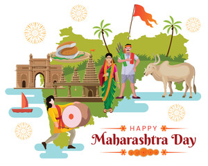 Maharshtra Day Celebration with Maharshtra Map and marathi culture greeting card banner Vector