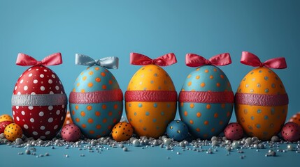 Fototapeta na wymiar A row of painted eggs, each with a bow atop; another row of decorated eggs boasting polka dots